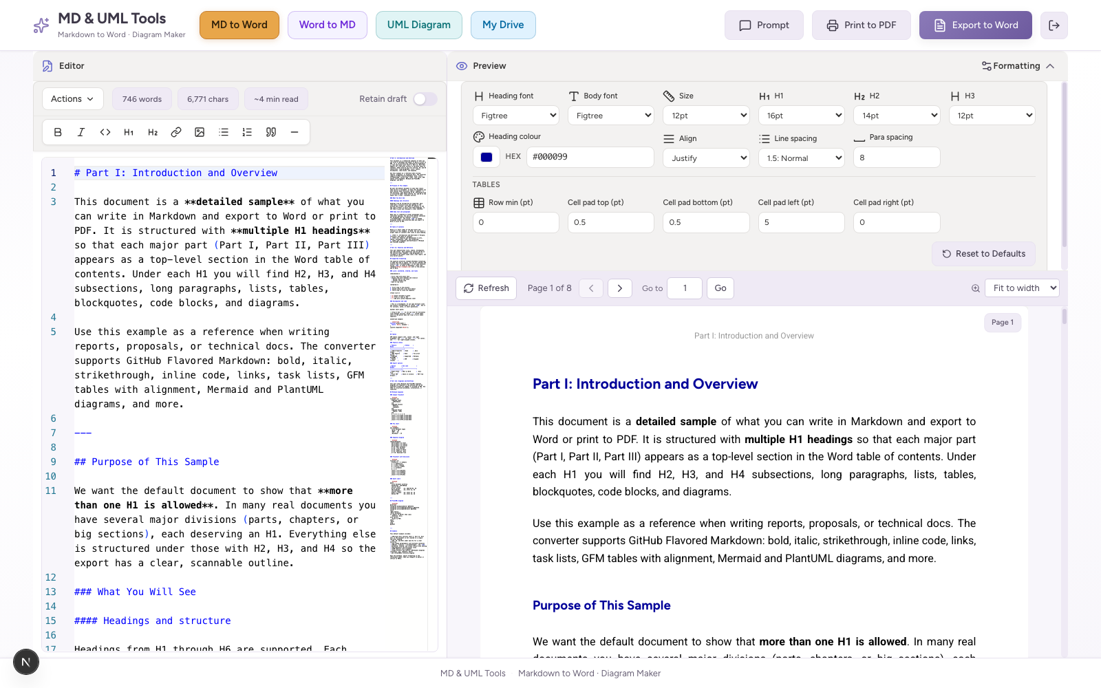 Presel formatting panel controlling fonts, heading colour, spacing, and Word-ready preview